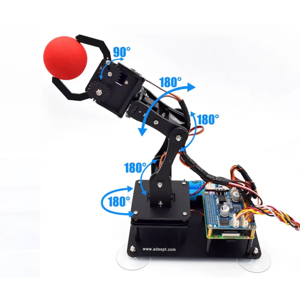 Adeept robotic arm kit reference image showing the gripper, articulated joints, servos, and control board.
