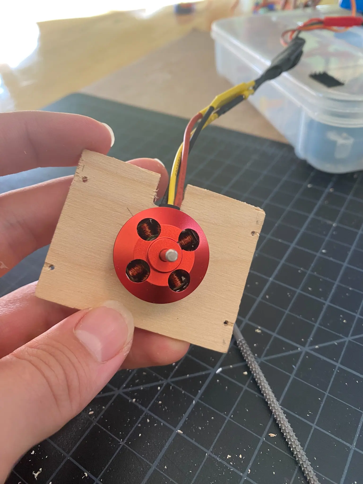 BR2208 motor attached to a custom wood motor-mount plate.