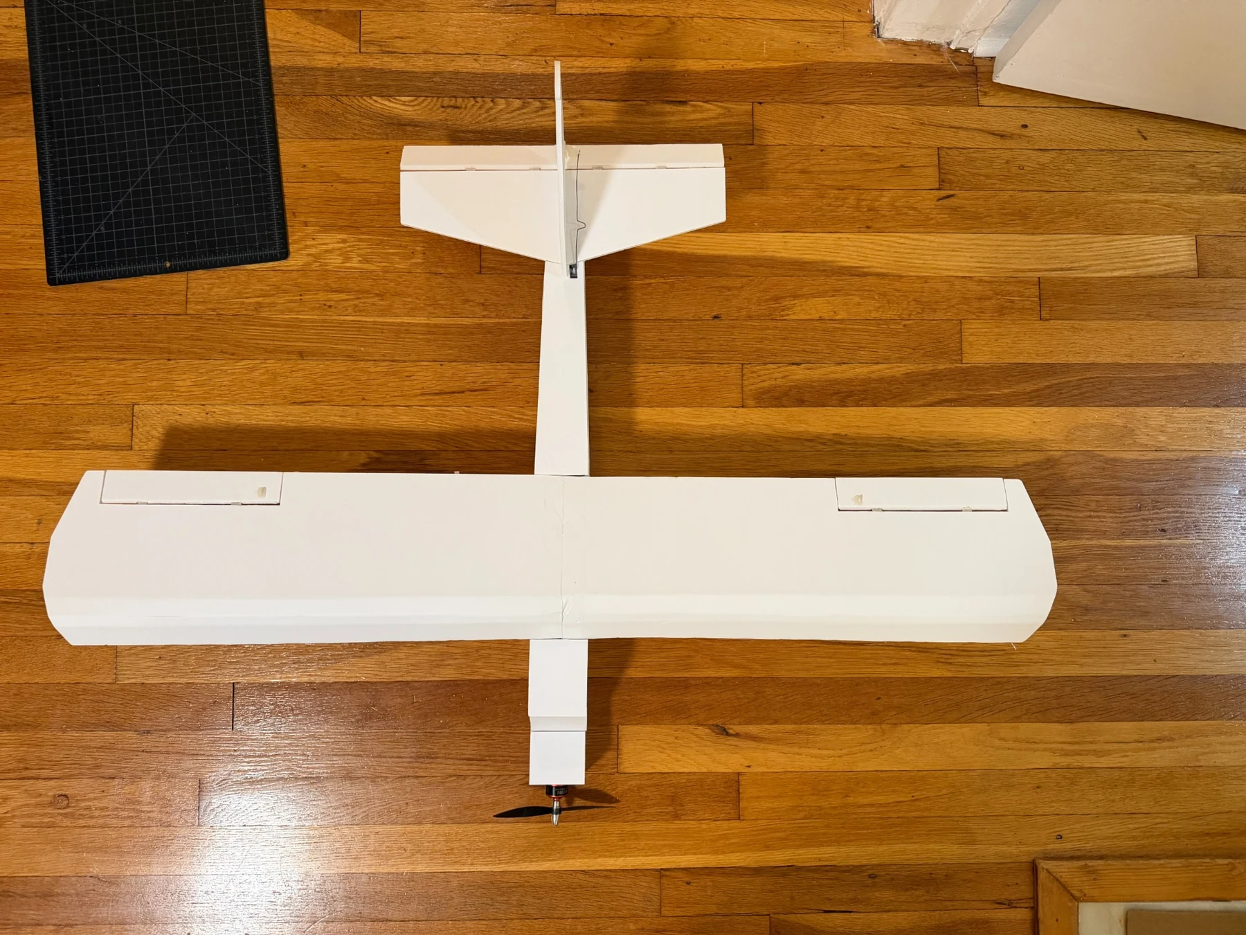 Top view of the completed remote-controlled foam board aircraft.