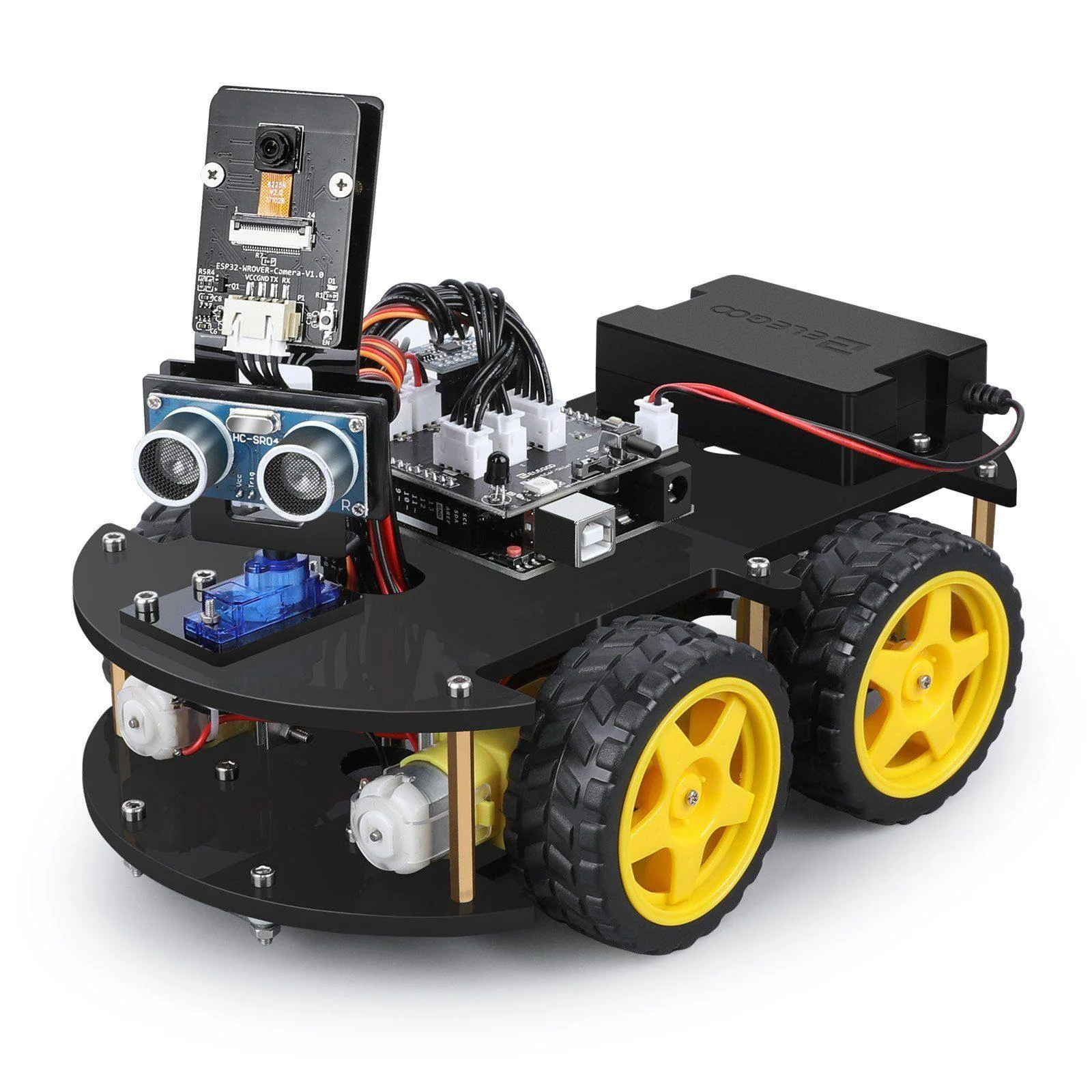 ELEGOO Smart Robot Car Kit V4.0 reference image with four wheels, a front sensor module, a camera, and mounted electronics.