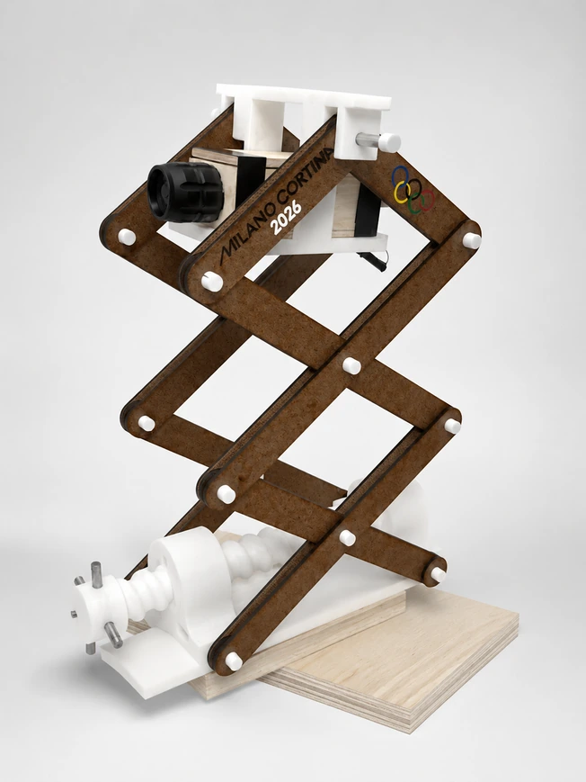 Scissor-lift desk lamp with wooden linkages and white 3D-printed components.