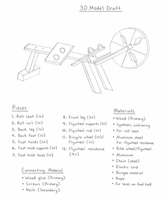 Original rowing-machine concept sketch and parts list.